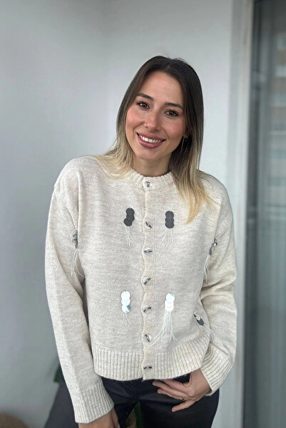 Kubos Moda Cardigan bej cu model cu paiete cu gât rotund