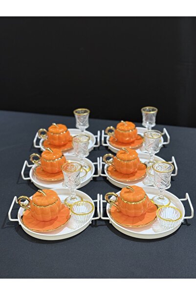 Hediye Köşkü 6 Kişilik Tepsili Lüks Porselen Kabak Kahve Sunum Seti