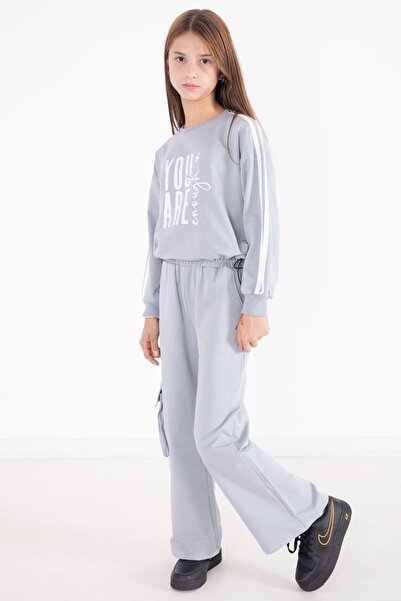 Cansın Mini Gray Text Printed Cargo Pocket Detailed Girls' Suit 22777