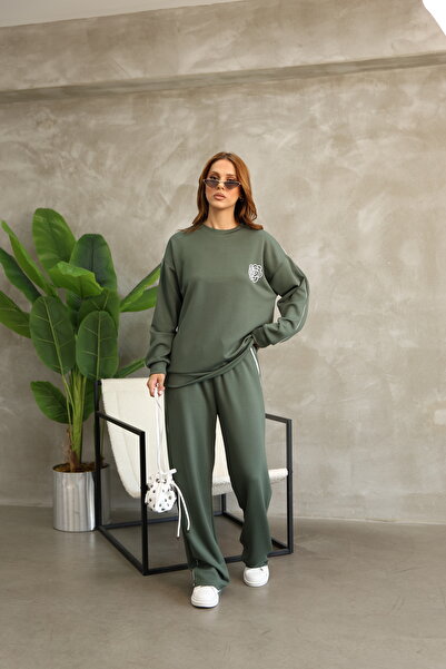 b buhari bykoc Floral Patterned Piping Oversize Wide Leg Modal Fabric Tracksuit Set