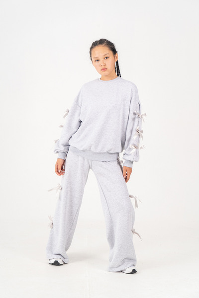 GİYİCEM TEKSTİL Girl's Basic Tracksuit Set with Ribbon Sleeves 6509