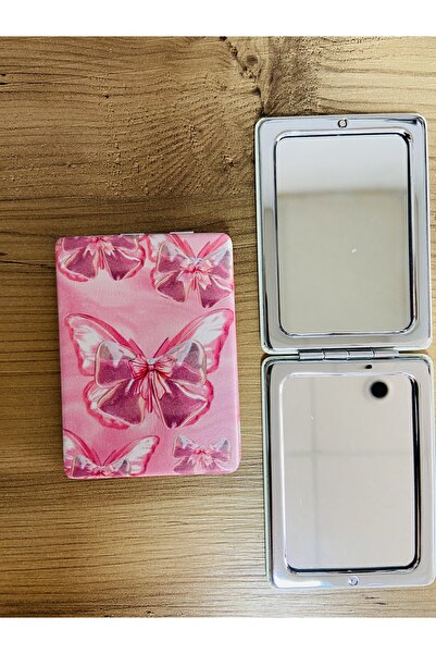synshop Kelebek Pembe Makyaj Cep Çanta Ayna 1 Tarafı Büyüteçli Katlanır