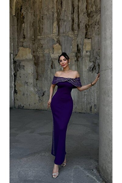 Modafeminen Scuba Esnek Kumaş Degaje Yaka Taş Detaylı Abiye Elbise 583243 MOR