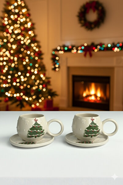 Home Yılbaşı Çam Ağacı Kabartmalı 2’li El Yapımı Ece Tabaklı Kupa Takımı– Kahve & Çay Fincanı Mug