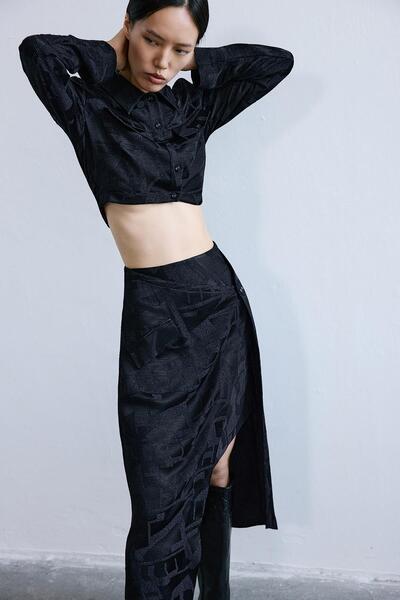 rue Jakar Dokulu Asimetrik Midi Siyah Etek