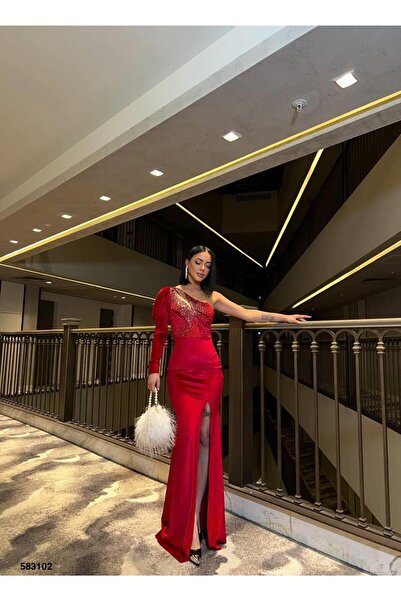 Modafeminen Βραδινό φόρεμα από βελούδινο ελαστικό ύφασμα με έναν ώμο με λεπτομέρεια από πέτρα στο μπροστινό μέρος 583102 ΚΟΚΚΙΝΟ