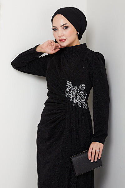SEMRA AYDIN Taş Aksesuar Detaylı Uzun Rahat Esnek Kumaş Tesettür Abiye Elbise SMM002