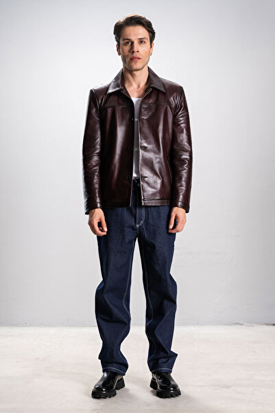 Dericlub Hannover Men's Shirt Collar Buttoned Classic Genuine Leather Jacket