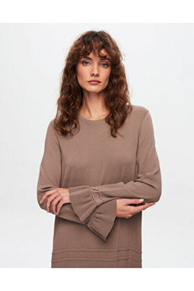 Genel Markalar T24Y-4000 Etek Ucu ve Bileği Fırfırlı Triko Elbise 002-MİNK