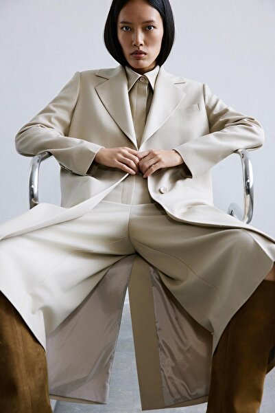 rue Jacket Collar Buttoned Midi Beige Coat