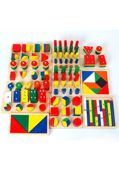 B4U Set de construcție din lemn Montessori 14 în 1, multicolor,