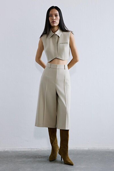 rue Wool Textured Padded Beige Crop Vest