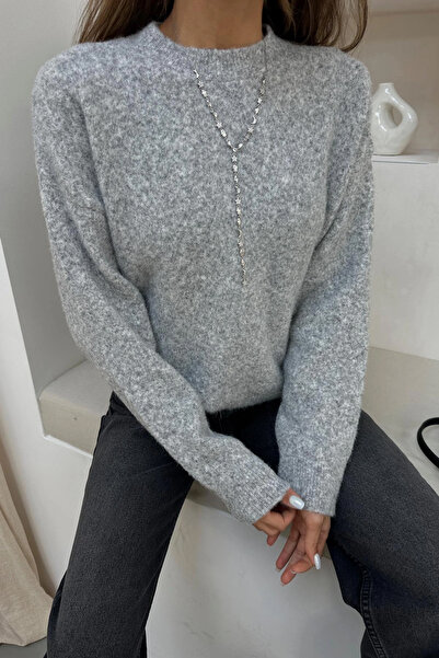 LACHT سترة تريكو رمادية اللون برقبة دائرية للسيدات