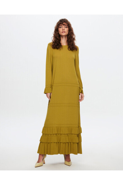 MISS DALIDA T24Y-4000 Etek Ucu ve Bileği Fırfırlı Triko Elbise 1516-OLİVE