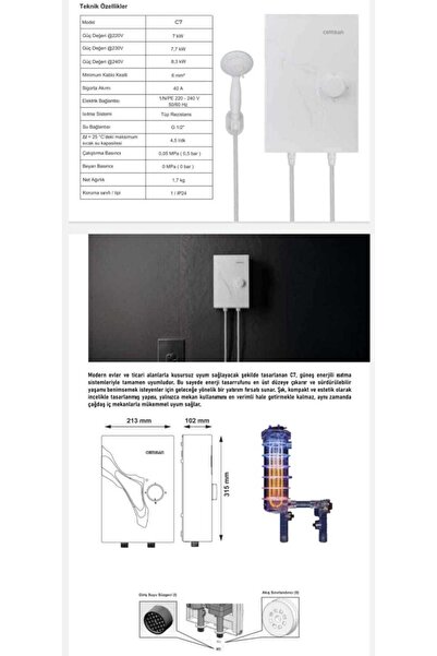 Cemsan c7 elektrikli şofben + 6mt kablo dahil takım montaja hazır set