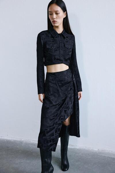 rue Jakar Dokulu Asimetrik Midi Siyah Etek