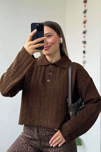 Kubos Moda Pulover maro cu model tricotat cu guler polo