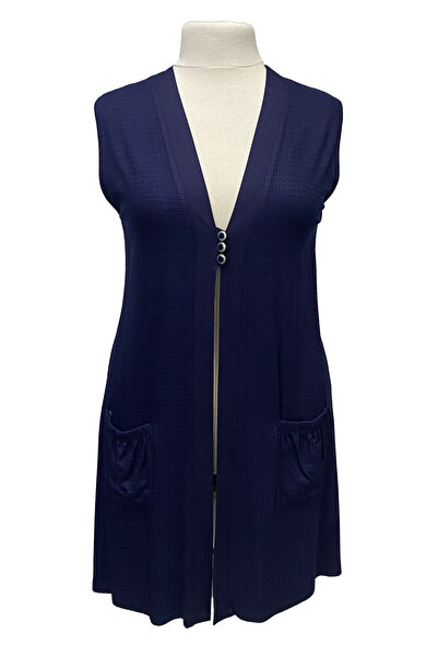 Giyinen Mağazaları Navy Blue Spring V-Neck Buttoned Double Pocket Combed Cott...
