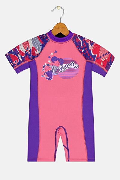 SPEEDO ملابس سباحة حرارية سليمكيني بشعار عتيق للبنات الصغار، متعددة الألوان