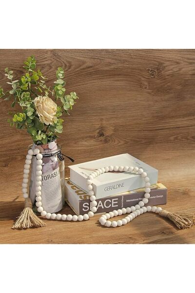 Generic SICHER 58in Wood Beads Linen Rope Garland with Tassels - Natural Prayer Wood String Beads Decorativ