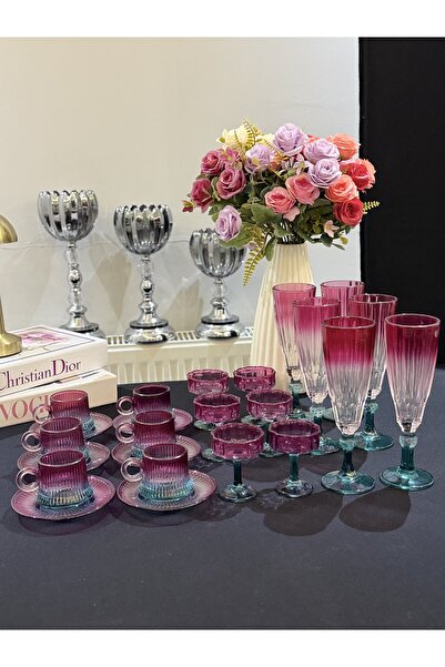 Hediye Köşkü 6 Kişilik 24 parça Mor Yeşil Lüks Cam Kahve Seti