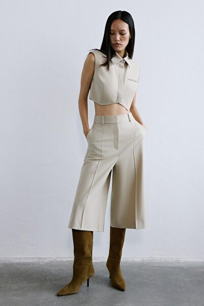 rue Wool Textured Padded Beige Crop Vest