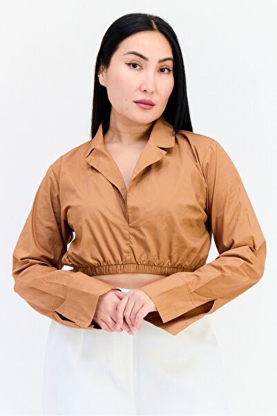 Public Desire x Kenza Women Spread Collar Long Sleeves Solid Shirt, Mocha