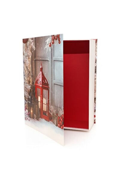 OEM Christmas Gift Box in Book Shape, Lantern Model, Red Interior, 26 x 19.5 x 7 cm, Silver/Red
