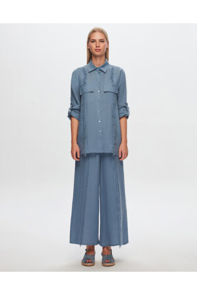 MISS DALIDA T24Y-7011 Püskül Detaylı Bol Paça Keten Pantolon BLUE