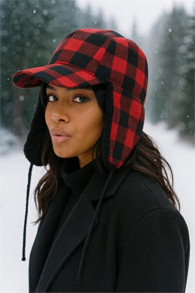 Dipmoda Γυναικείο κόκκινο μαύρο καπέλο χιονιού Καρό τεμαχίων DPAKS020