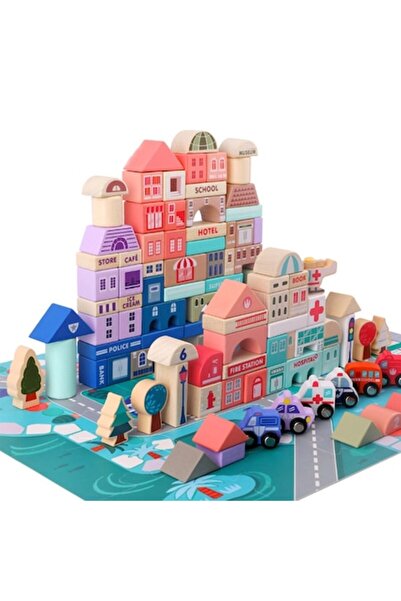 OEM Joc de construcții, oraș din lemn Montessori, multicolor