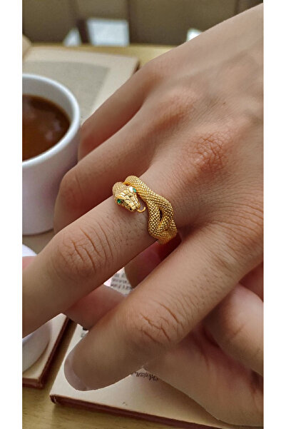 TASLİDUSLERJEWELRY Zümrüt Yeşil Taşlı Dokulu Yılan Yüzük - 24 Ayar Altın Kapl...