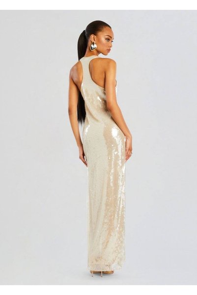 Aziza Collection Gold Sequin One-Shoulder Maxi Dress with High Slit