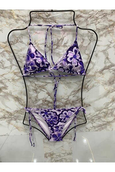 VAJESTO Kadın Mor Çiçek Detaylı Üçgen Bikini Takım Likralı Esnek Yandan Boyundan Bağlamalı Şık İpli
