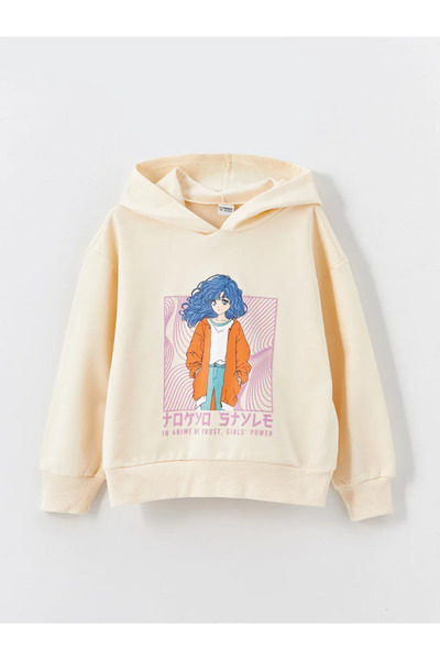 LC Waikiki LCW Παιδικό μπεζ φούτερ με κουκούλα για κορίτσια