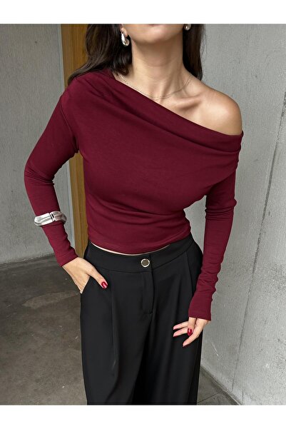 minaaise Kadın Bordo Uzun Kollu Düşük Omuz Bluz 30079