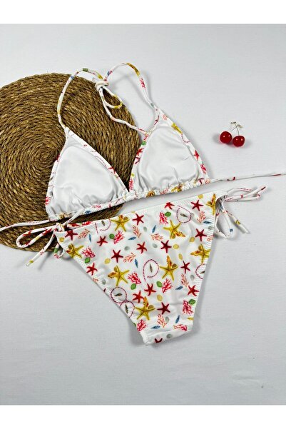 VAJESTO Women's White Starfish Pattern Triangle Bikini Set Lycra Stretchy Side Halter Neck Stylish Drawstring