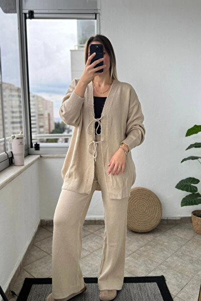Kubos Moda Set kimono din tricot bej cu legături în față