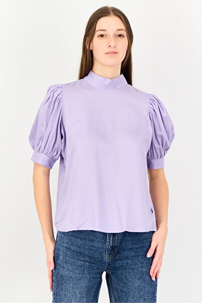 Levi's Women Tie Neck Solid Short Sleeve Top, Lavender