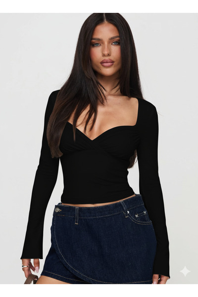 fablair Long Sleeve Heart Neck Draped Women's Blouse