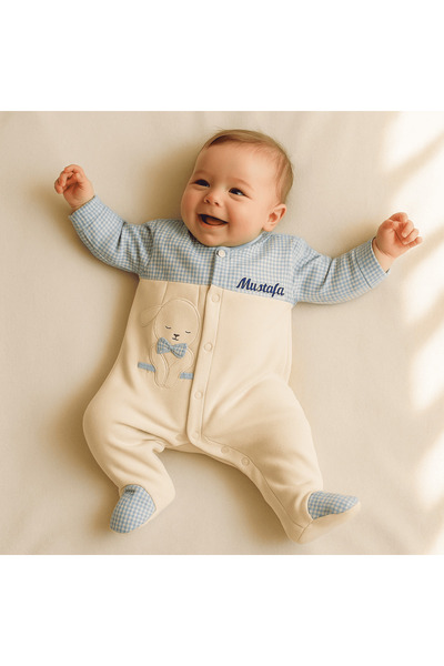 Tesbihane Tavşan Desenli İsme Özel Nakışlı Mavi Beyaz Bebek Tulumu 0-3 Ay