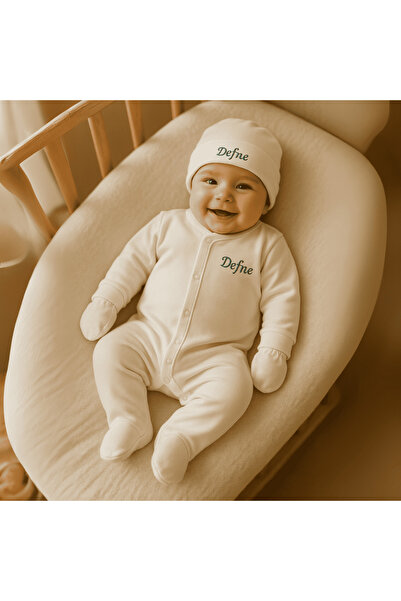 Tesbihane İsme Özel Nakışlı Krem 3 lü Bebek Tulum Seti