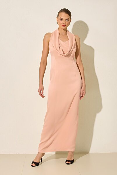 Setre Pudra Yaka Detaylı Kolsuz Tam Kalıp Rahat Kesim Elbise