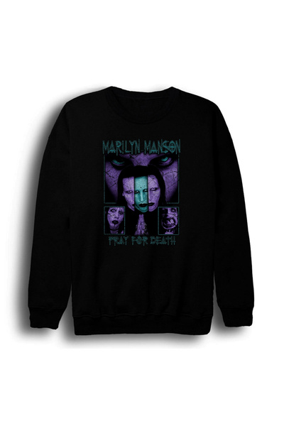 fame-stoned Hanorac negru unisex cu decolteu rotund, 100% bumbac, cu imprimeu Marilyn Manson