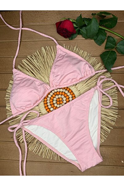 VAJESTO Kadın Pembe Üçgen Bikini Takım Likralı Esnek Yandan Boyundan Bağlamalı Şık İpli