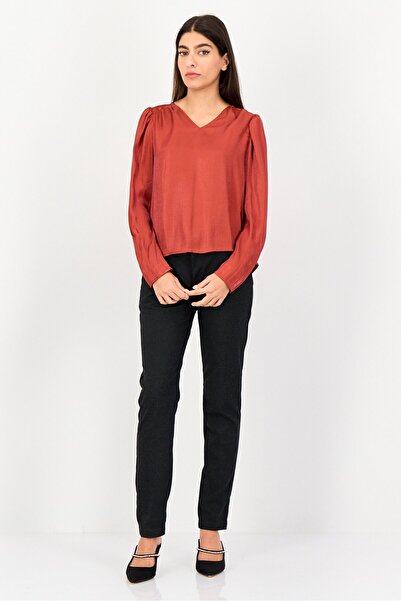 Levi's Women V Neck Long Sleeve Solid Blouse, Rust