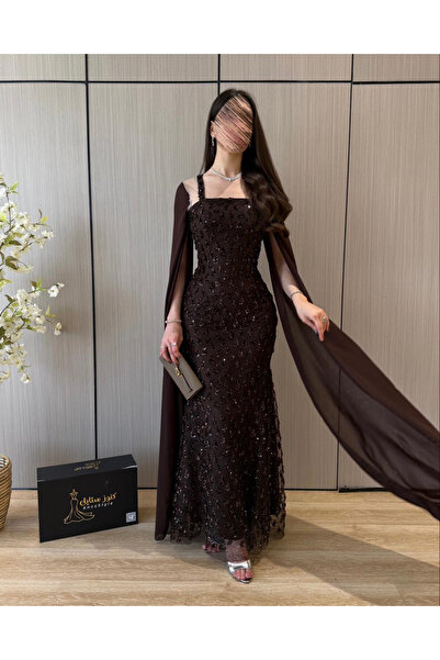 Knoz Style فستان سهرة بلون بني داكن، بقصة حورية البحر مع تطريز لامع