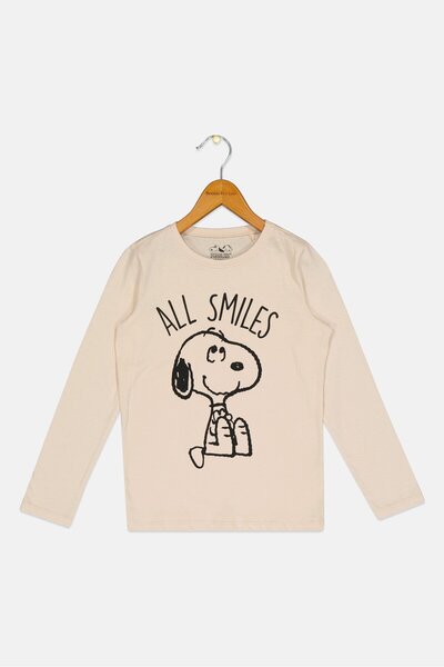 Sinsay Peanuts Kids Girl Crew Neck Printed Long Sleeves T-shirt, Beige