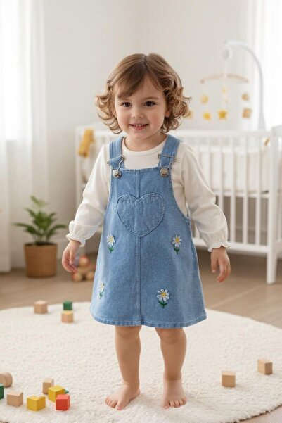 ALTINTAŞ BABY Daisy Embroidered Heart Patterned Seasonal Knitted Denim Fabric Cotton 2-Piece Salopet Set