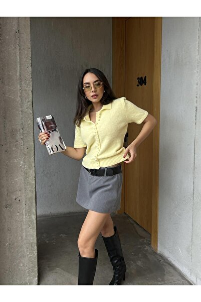 minaaise Women's Yellow Short-Sleeved Imported Yarn Buttoned Knit Sweater 7010